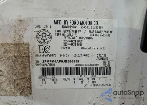 2018 Ford Edge Sport z USA, uszkodzony, nr VIN 2FMPK4AP0JBB96299